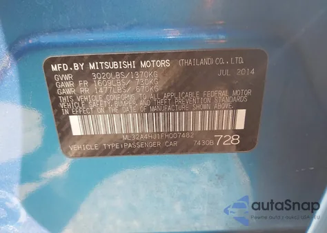 2015 Mitsubishi Mirage Es from USA, damaged, VIN ML32A4HJ1FH007482